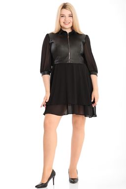 Стильное черное платье женское из шифона и экокожи - Almond фото 2