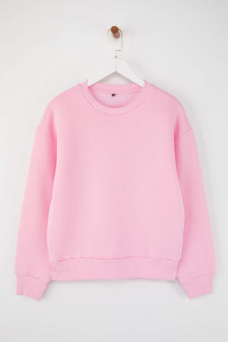 Ac?k Pembe Kal?n Ici Polarl? Regular/Normal Kal?p Bisiklet Yaka Basic Orme Sweatshirt TWOAW24SW00101