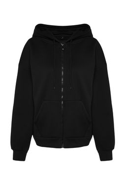 Siyah Oversize/Rahat Kesim Basic Kapusonlu Kal?n Ici Polarl? Orme Sweatshirt TWOAW24SW00188