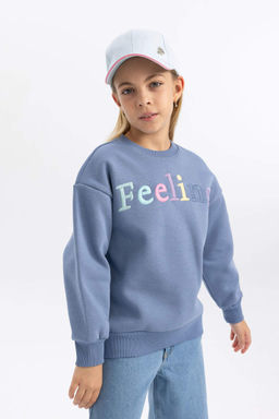 Мягкий толстый толстый свитшот с круглым вырезом и принтом для девочек - Defacto фото 3