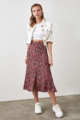 Cok Renkli Y?rtmac Detayl? Cicek Desenli Viskon Kumasl? Midi Dokuma Etek TWOSS20ET0230
