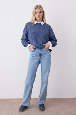 Lacivert Eskitme/Soluk Efektli Oversize/Genis Kal?p Kal?n Orme Sweatshirt TWOAW26SW00066 - Trendyolmilla фото 2