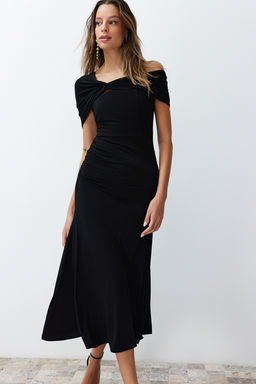 Siyah A-Kesim Asimetrik Yaka Orme S?k Abiye Elbise TPRSS24EL00046