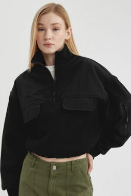 Coool Fermuarl? Yaka Crop Kal?n Sweatshirt