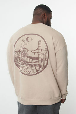 Bej B_y_k Beden Bisiklet Yaka Oversize/Geni_ Kesim S_rt Bask_l_ __i Polar Sweatshirt TMNAW24AO00004