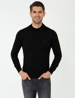 Siyah Slim Fit Yar_m Bal_k__ Yaka Basic Triko Kazak