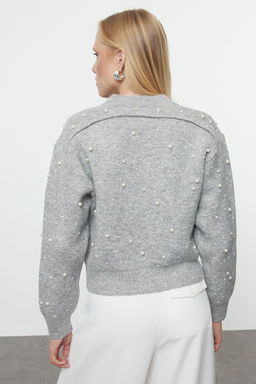 Gri Yumusak Dokulu Fermuarl? Tas Islemeli Ceket Gorunumlu Triko H?rka TWOAW25HI00168