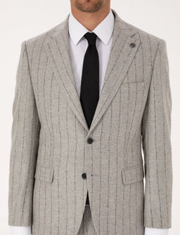 Gri Slim Fit Y_n Ka_mir Kar___ml_ _izgili Tak_m Elbise