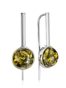 Серьги-крючки с искрящимся зелёным янтарём Сорбонна