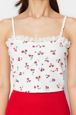 Beyaz Cicek Bask?l? Ask?l? Fitted/Vucuda Oturan Waffle Kumas Super Crop Orme Bluz TWOSS23BZ00375 - Trendyolmilla фото 4