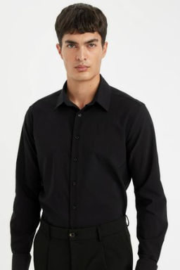 Modern Fit Modern Kesim Krink?l Kumas Gofre Desenli Uzun Kollu Gomlek