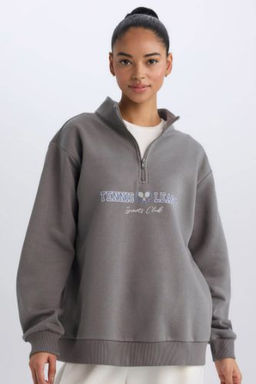 DeFactoFit Oversize Genis Kal?p Fermuarl? Dik Yaka Bask?l? Kal?n Spor Sweatshirt