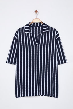 TRENDYOL MAN Limited Edition Lacivert Cizgili Triko Gorunumlu Polo Yaka T-shirt TMNSS25PO00011 - Trendyolmilla фото 3