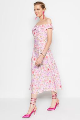 TRENDYOLMILLA Mor Cicek Desenli A Kesim Carmen Yaka Form Midi Dokuma Elbise TWOSS23EL01243