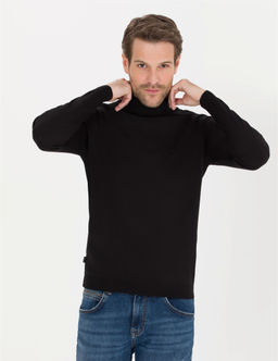 Siyah Slim Fit Bal_k__ Yaka Y_n Kar___ml_ Basic Triko Kazak