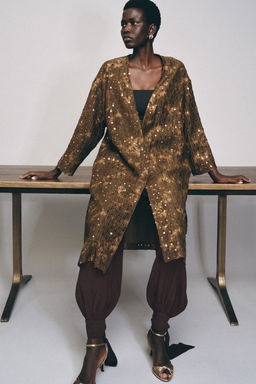 CHAQUETA LARGA KIMONO LENTEJUELAS / kaki oscuro