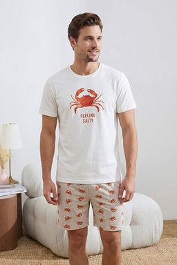 Ekru Regular Fit Yenge_ Bask_l_ Pamuklu Pijama Tak_m_ TMNSS26PT00020