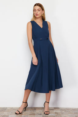 Lacivert A Kesim Kruvaze Yaka Dugme Detayl? Midi Dokuma Elbise TWOSS24EL00348 - Trendyolmilla фото 2