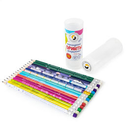 ВКФ Принты 1-PR-15Т Набор графитных карандашей с ластиком ассорти в тубусе заточенный ТМ (HB) 2 х 15 шт. Школьные