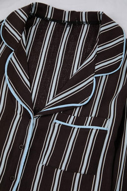 Kahverengi-Mavi Cizgili Biyeli Viskon Dokuma Pijama Tak?m? THMAW21PT0292