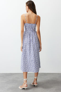 Mavi Cicek Desenli A Kesim Kalp Yaka Maxi Poplin Dokuma Elbise TWOSS24EL00700