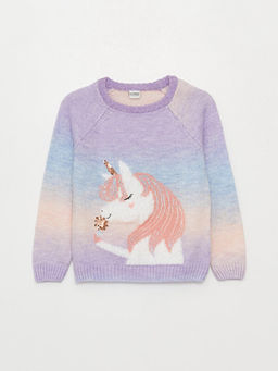 Bisiklet Yaka Desenli Uzun Kollu K?z ?ocuk Triko Kazak