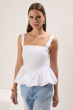 Trendyolmilla Ac?k Mavi Balon Etek Ask?l? Dokuma Dokuma Bluz TWOSS25BZ00354