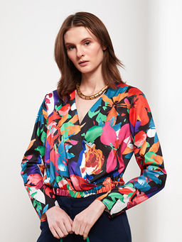 Kruvaze Yaka Desenli Uzun Kollu Saten Kad?n Bluz