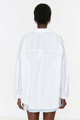 Ekru Pamuklu Oversize Genis Kal?p Dokuma Gomlek TWOSS22GO0669