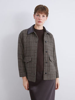 G?mlek Yaka Ekose Oversize Kad?n Ka?e Ceket