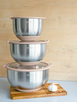 Набор мисок с крышкой 1,5л/3л/5л бежевый нержавеющая сталь, силикон, пластик / stainless st