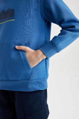 Синяя толстая толстовка с капюшоном и принтом обычного кроя для мальчиков - Defacto фото 4