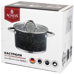 КАСТРЮЛЯ AGNESS СО СТЕКЛЯННОЙ КРЫШКОЙ, НЕРЖ.СТАЛЬ, СЕРИЯ BLACK MARBLE 4,6Л 22Х12,5СМ  фото 3