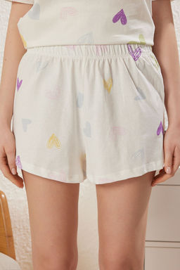 Beyaz %100 Pamuklu Kalpli Sloganl? Sortlu Orme Pijama Tak?m? THMSS25PT00168