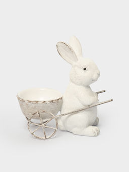 Подставка для яйца, 12 см, полирезин, молочная, Кролик с тележкой, Easter