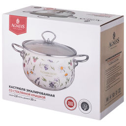 КАСТРЮЛЯ AGNESS ЭМАЛИРОВАННАЯ СО СТЕКЛЯННОЙ КРЫШКОЙ СЕРИЯ FLOWER STORY, 2,8 Л ДИА. 20СМ  фото 2
