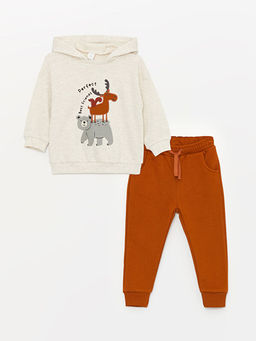 Kap??onlu Uzun Kollu Bask?l? Erkek Bebek Sweatshirt ve E?ofman Alt 2li Tak?m
