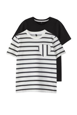 Siyah-Ekru 2li K?z Cocuk %100 Pamuk Basic Cizgili Orme T-Shirt TKDSS25TS00030