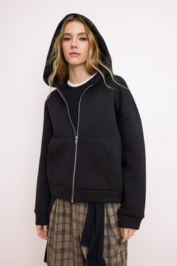 Wardrobe Essentials Siyah Oversize Kapusonlu Orme Sweatshirt |TWOAW26SW00018