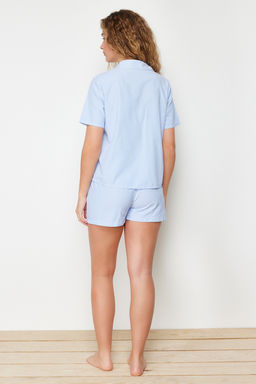 Trendyolmilla Mavi 3lu Paket Pamuklu Cizgili Ip Ask?l? Poplin Bra-Gomlek-Sort Dokuma Pijama Tak?m? THMSS24PT00121 фото 6