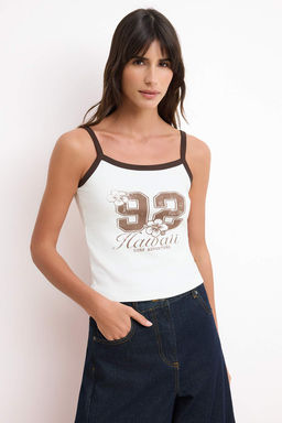 Ekru-Kahverengi Bask?l? Regular Havuz Yaka Ince Ask?l? Kolsuz Interlok Orme Atlet TWOSS26AL00025 - Trendyolmilla фото 3