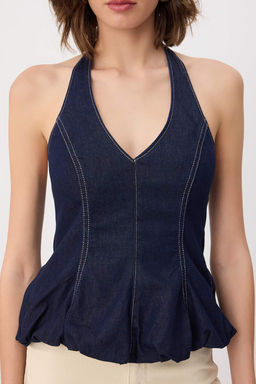 Koyu Mavi Halter Yaka Balon Denim Bluz TWOSS26BZ00705 - Trendyolmilla фото 8