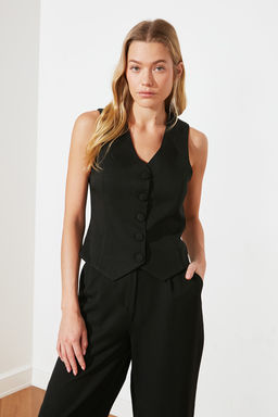Siyah Fitted Dugmeli Crop Dokuma Yelek TWOSS21YE0009