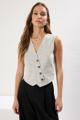 Limited Edition Haki Crop Fitted Dugme Detayl? Dokuma Keten Gorunumlu Yelek TWOSS23YE00016