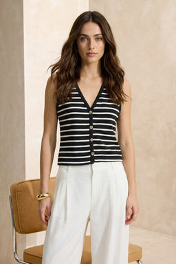 Siyah Cizgili Fitted/Vucuda Oturan V Yaka Dugmeli Kolsuz Interlok Orme Bluz TWOSS26BZ00180