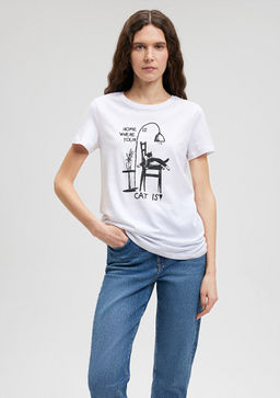 Kedi Bask?l? Beyaz Tisort - Mavi фото 2