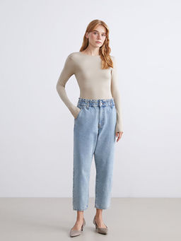 Beli Lastikli Mom Fit Kad?n Jean Pantolon