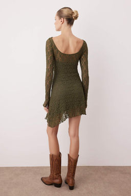 Kahverengi S?rt Dekolteli Asimetrik Detayl? Mini/K?sa Dantel Esnek Orme Elbise TWOSS25EL00903 - Trendyolmilla фото 10