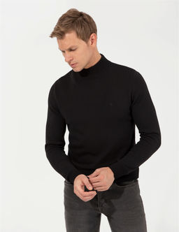 Siyah Slim Fit Yar_m Bal_k__ Yaka Basic Triko Kazak