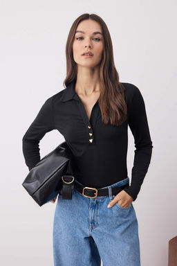 Siyah Fitted/Vucuda Oturan Polo Yaka Patl? C?tc?tl? Esnek Orme Body TWOAW26BD00009